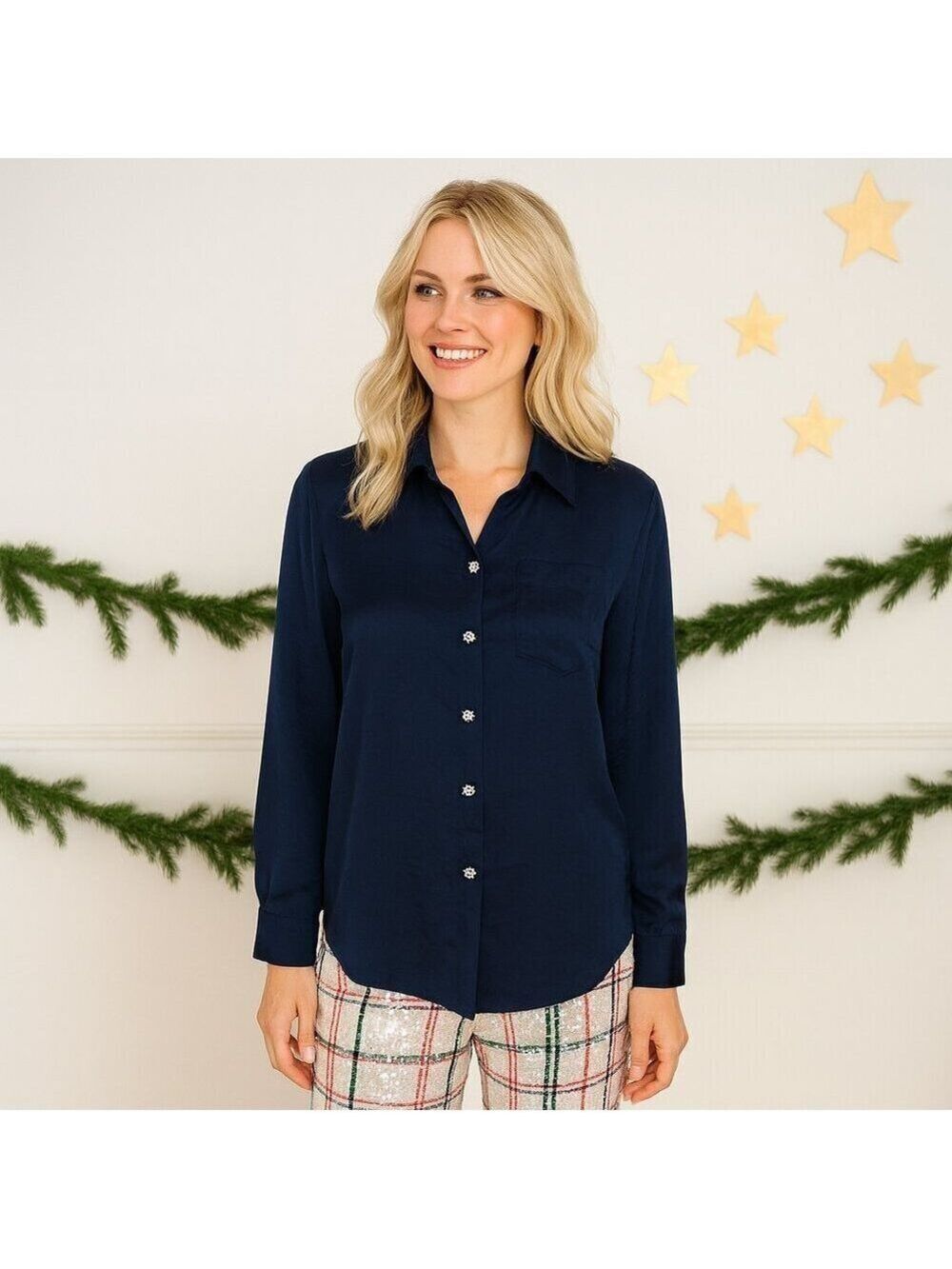 Alex & Lili Navy Blue Dressy Button Down Blouse w/ Rhinestone Buttons – Size M